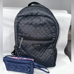 Vera Bradley Quilted Black Backpack with Navy Pouch